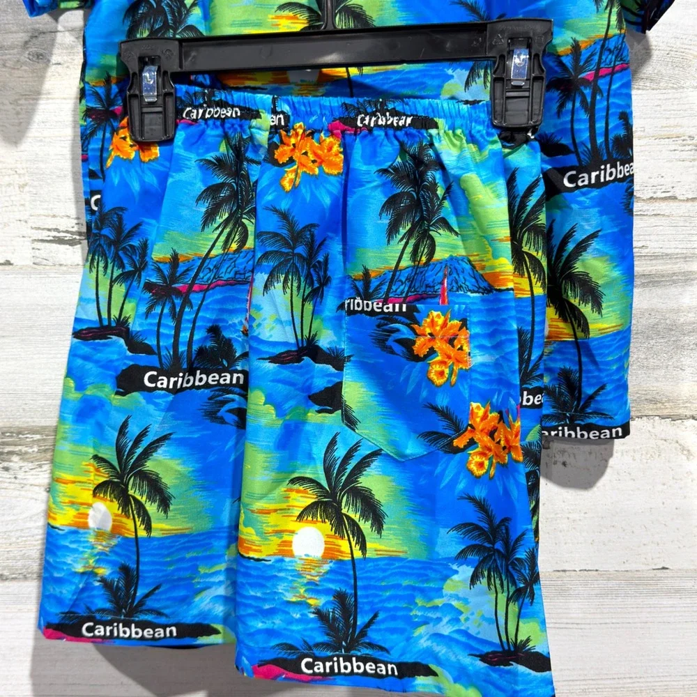 Rima Shirt Shorts Set Boys Small Blue Tropical Caribbean Beach Vacation NWT
